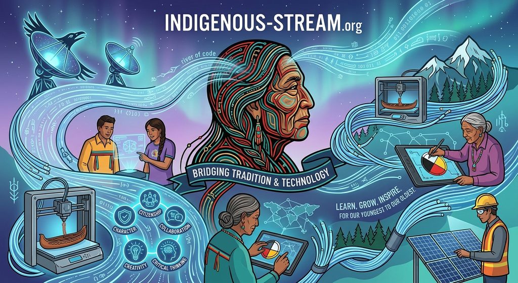 AI created photo showing satellites , display, Indigenous drawing a sacred circle, solar panels, water and air with Bridging Tradition & Technology